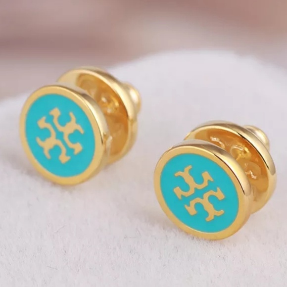 Tory Burch Jewelry - Tory Burch Gold & Aqua Enamel Logo Stud Earrings